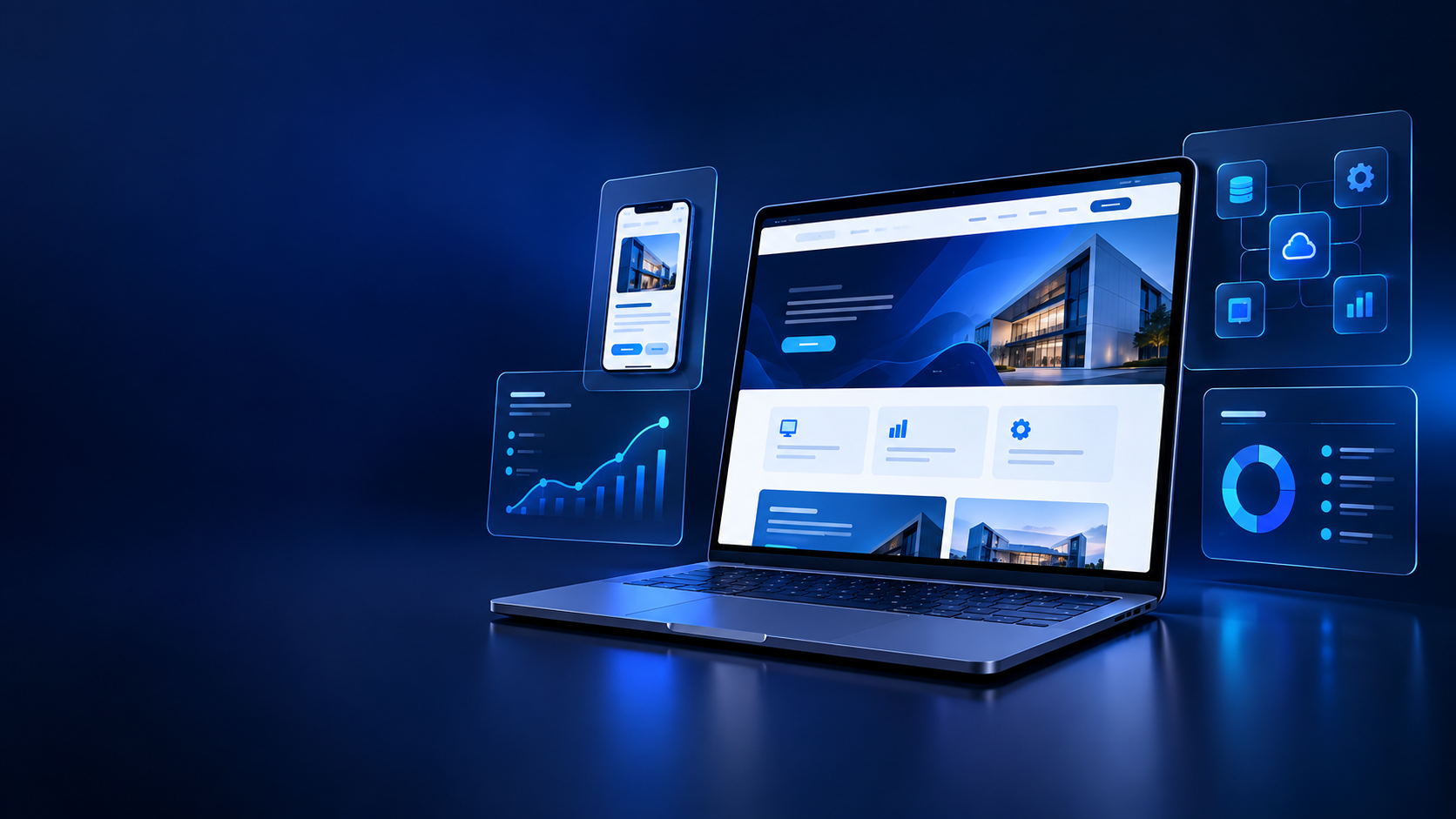Laptop con una página web profesional, un panel de gestión y vistas de aplicaciones digitales